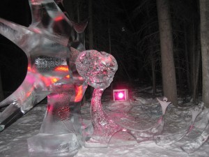 This ice sculpture from the World Ice Carving Championship memorializes the meteor that landed in Russia in 2013. Photo by author.